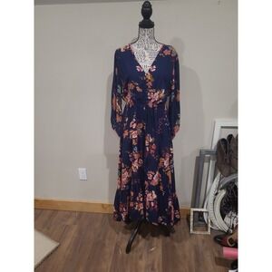 Lula Soul Boho Floral Midi maxi Dress hi low button front Women SZ L bell sleeve